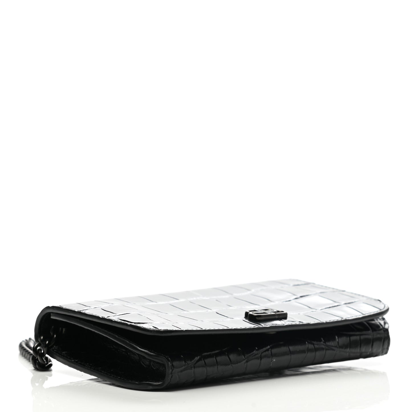 Shiny Calfskin Crocodile Embossed BB Phone Holder Wallet On Chain Black