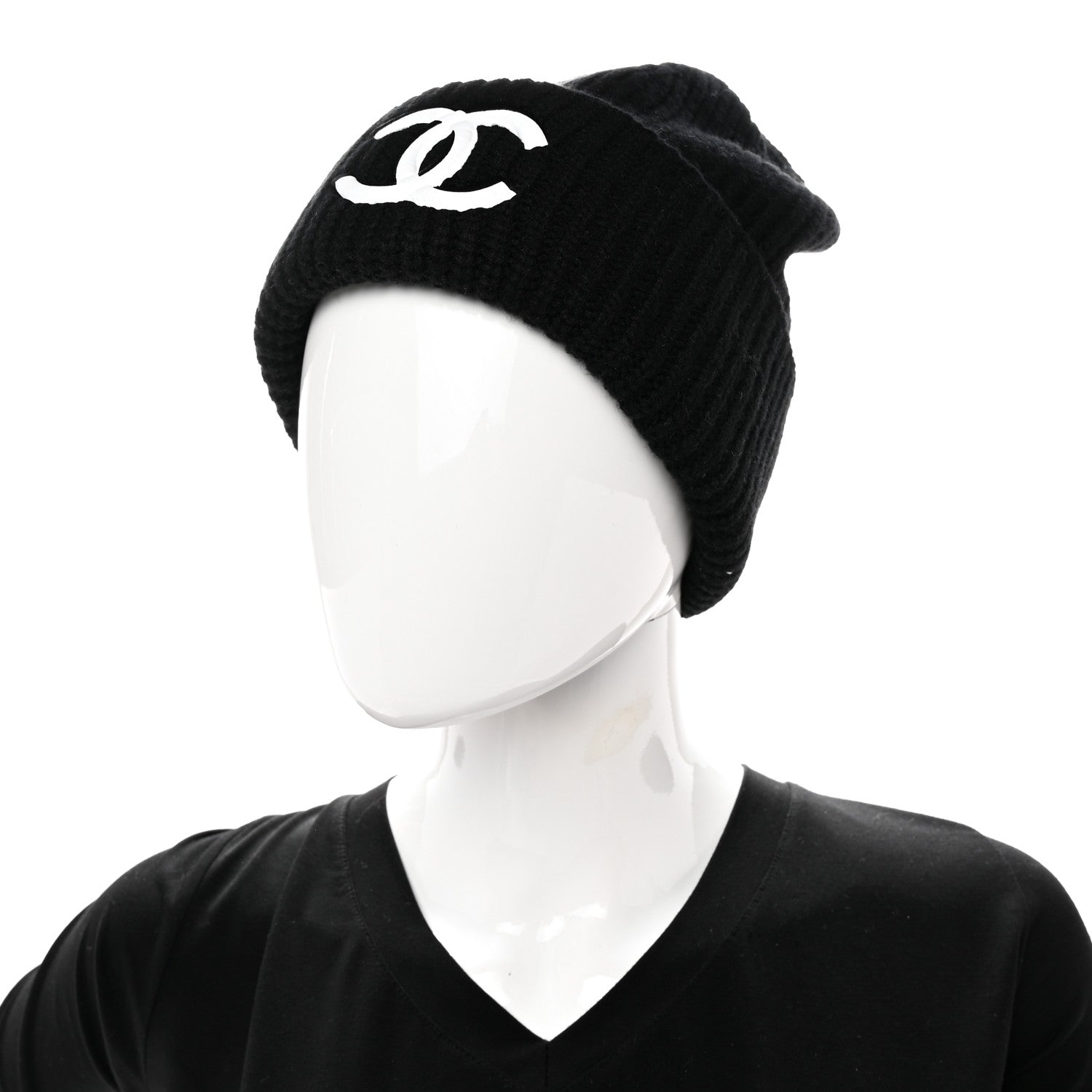 Chanel Wool Cashmere CC Beanie Hat Light Black White 2 of 4