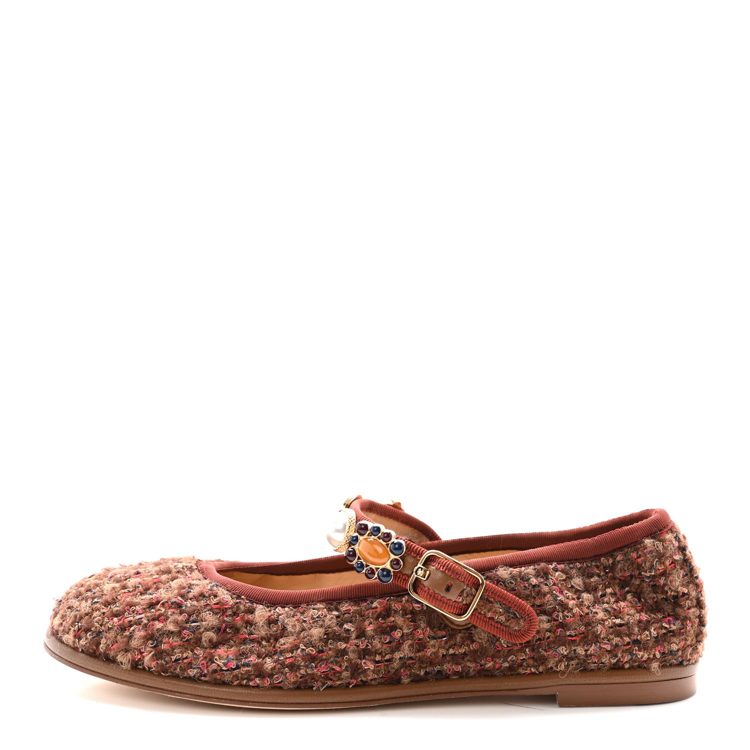Chanel Wool Tweed Mary Jane Flats 37 Brown Red Dark Blue 1 of 10