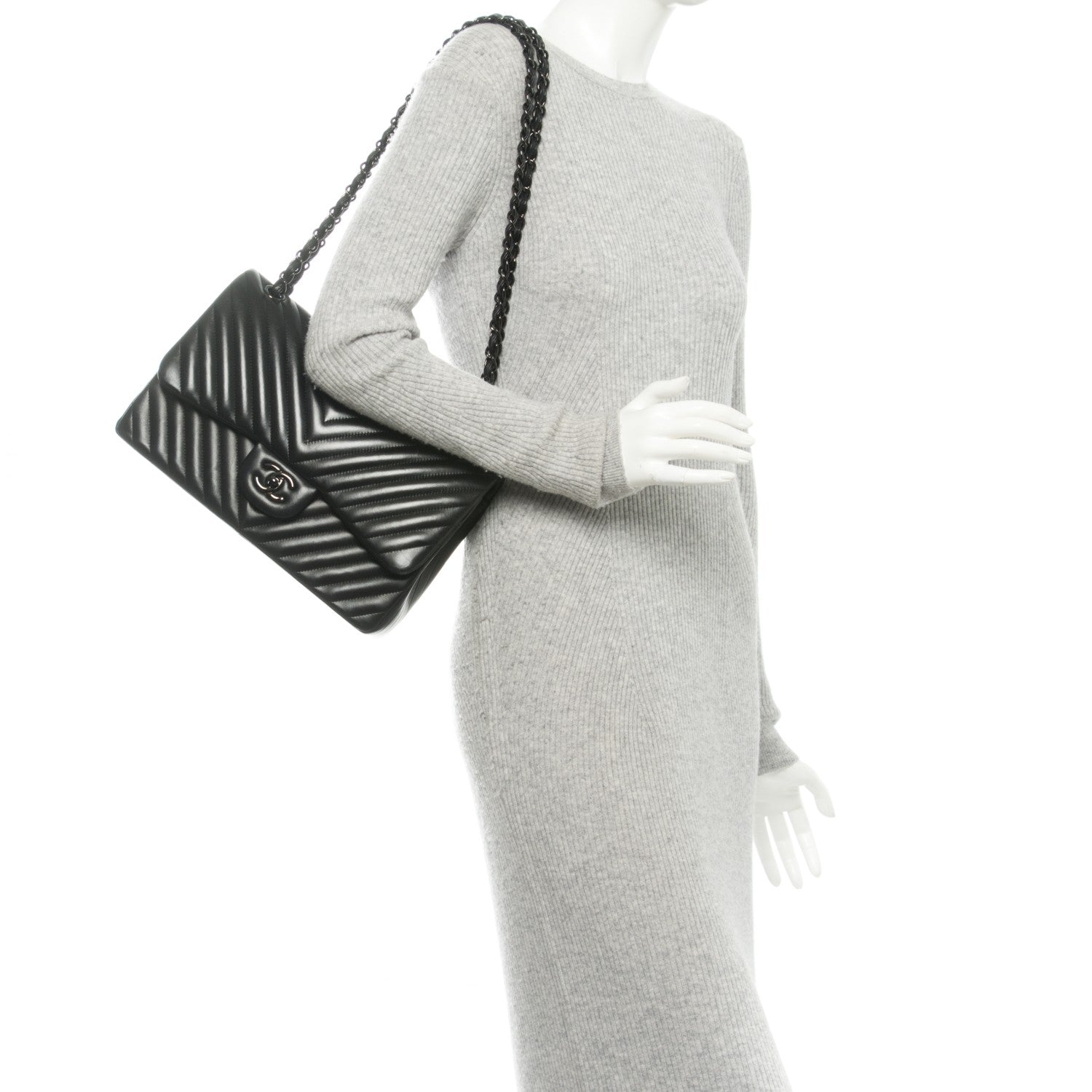 Chanel Lambskin Chevron Quilted Jumbo Double Flap So Black 2 of 8