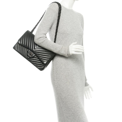 Chanel Lambskin Chevron Quilted Jumbo Double Flap So Black 2 of 8