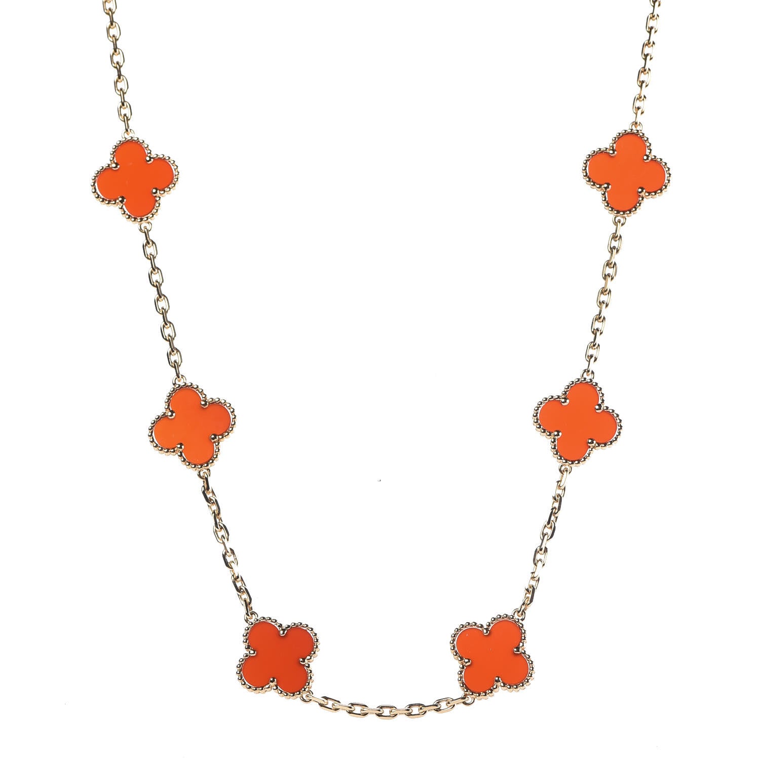 Van Cleef & Arpels 18K Yellow Gold Carnelian 10 Motifs Vintage Alhambra Necklace 1 of 7