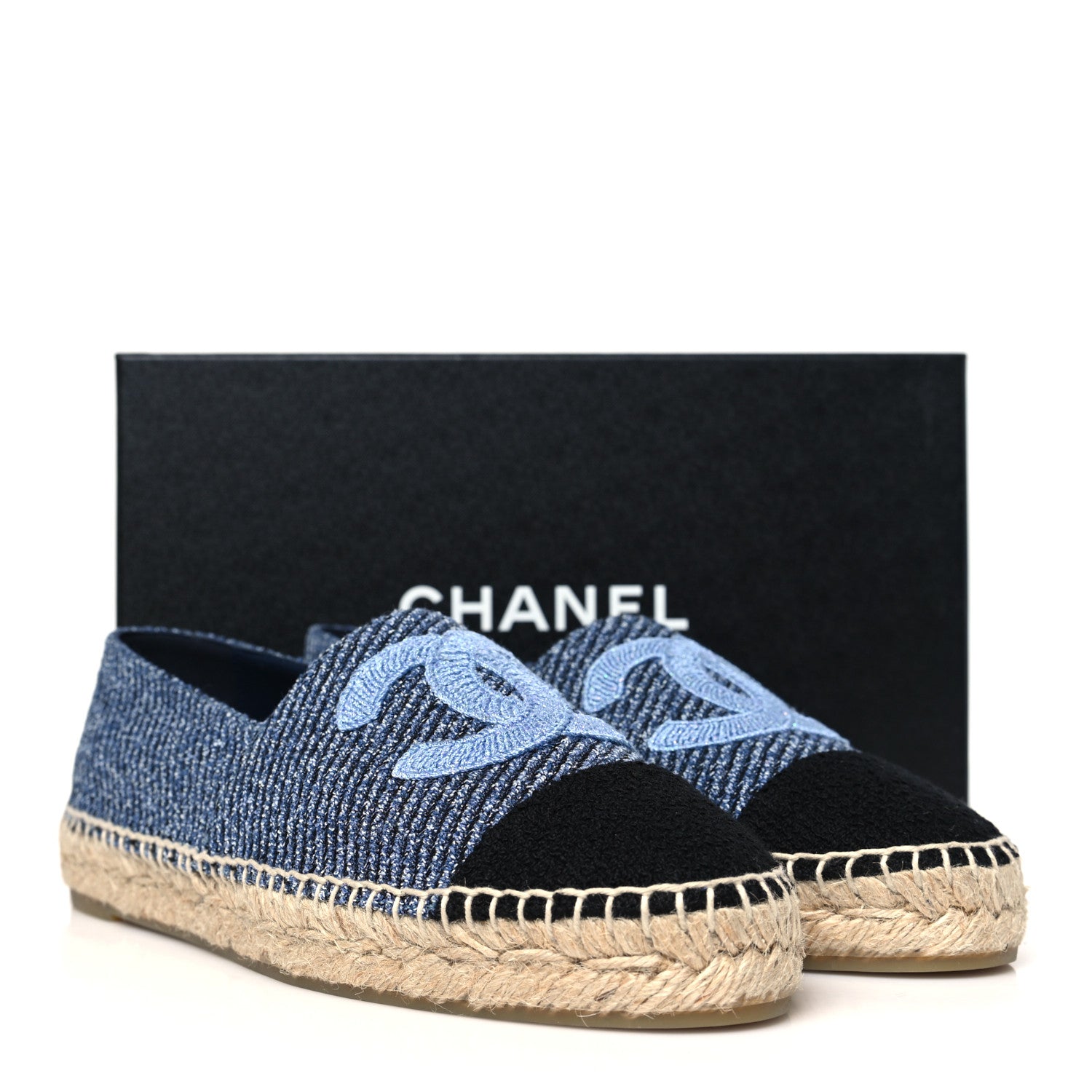 Chanel Cotton Tweed CC Espadrilles 40 Blue Ecru Black 10 of 10