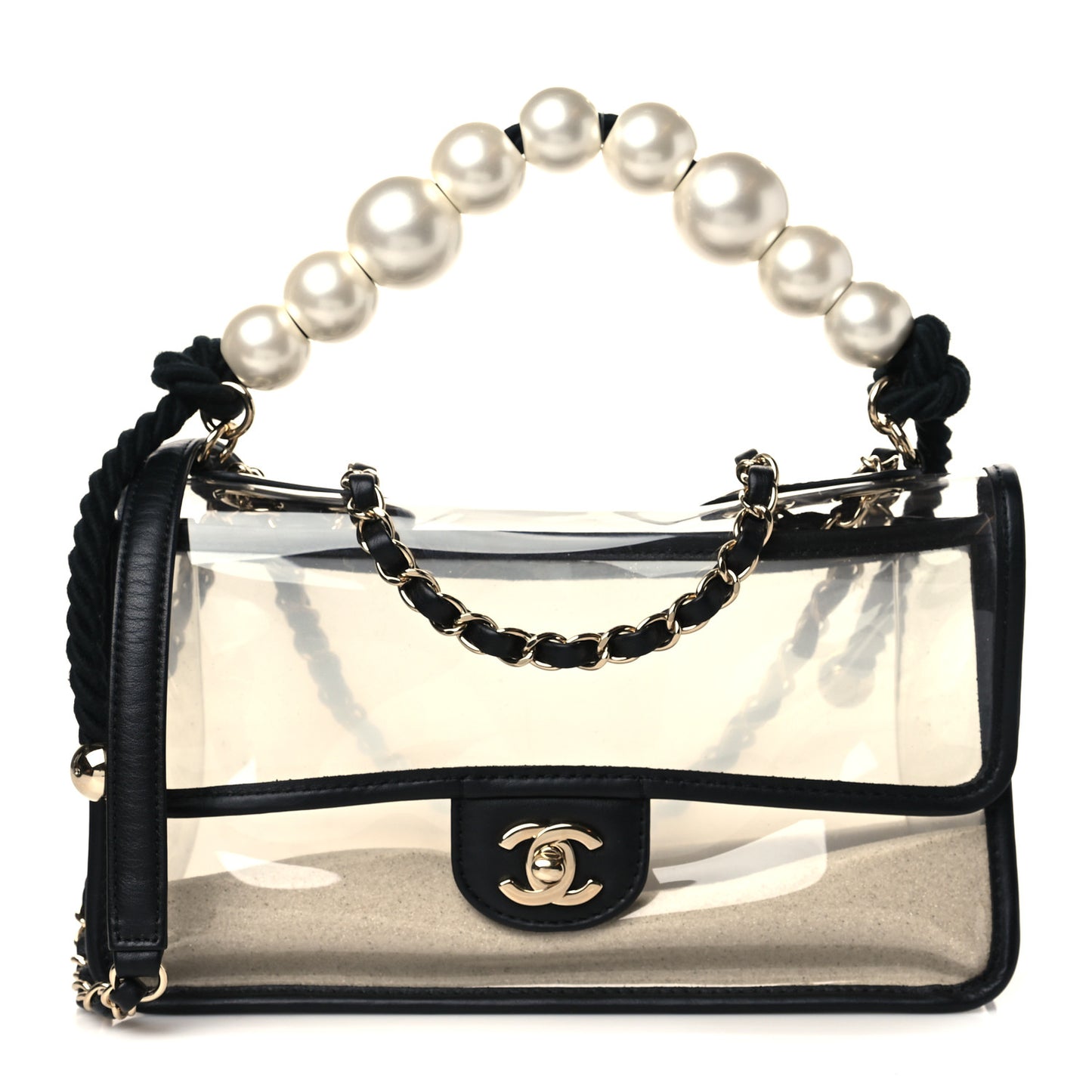 Lambskin PVC Sand By The Sea Flap With Pearl Strap Black