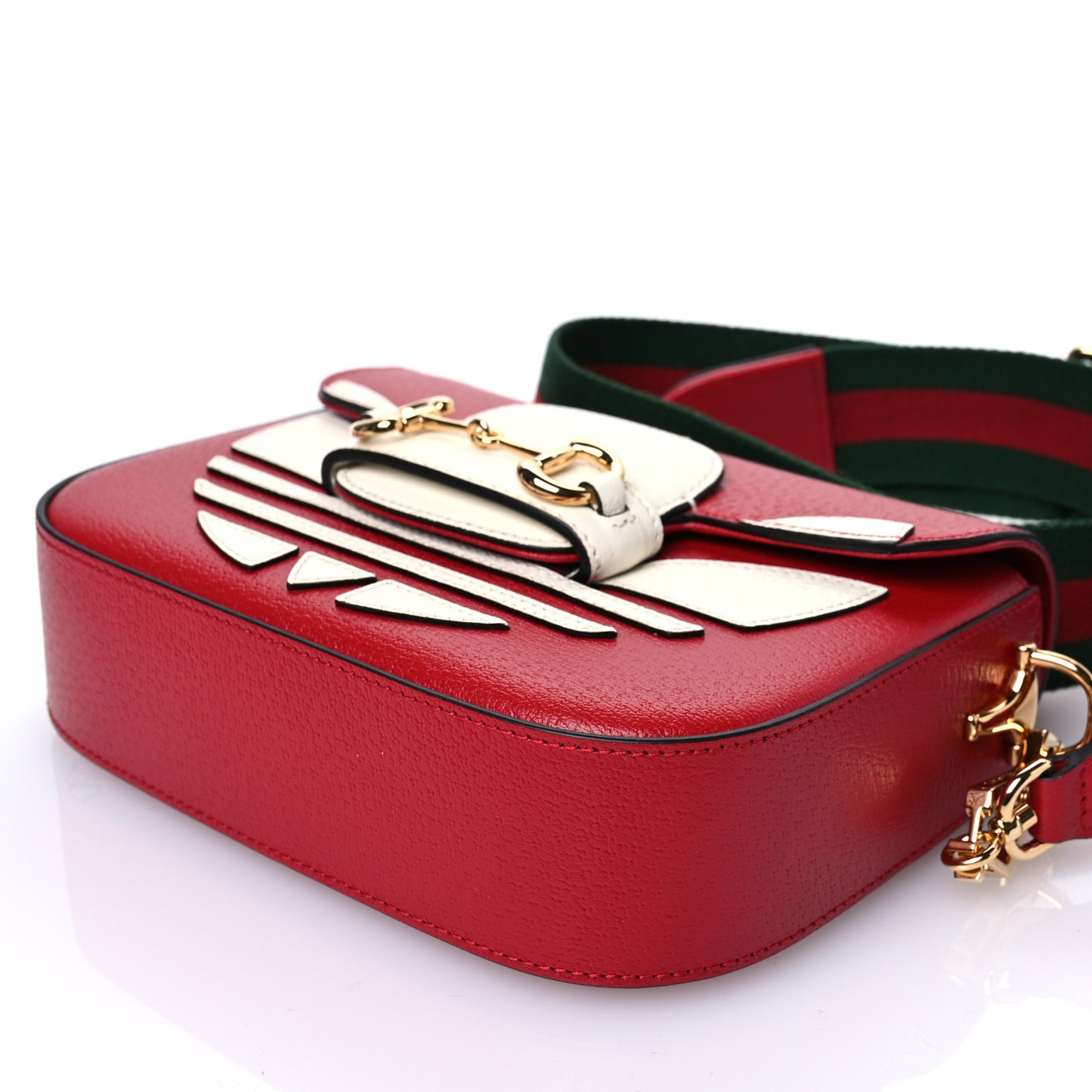 X ADIDAS Textured Dollar Calfskin Web Trefoil Mini Horsebit 1955 Shoulder Bag Hibiscus Red Off White