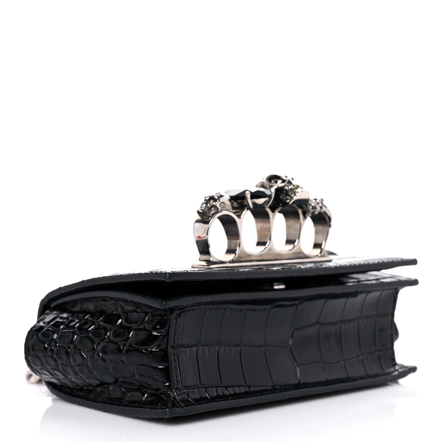 Shiny Crocodile Embossed Jeweled Satchel Black