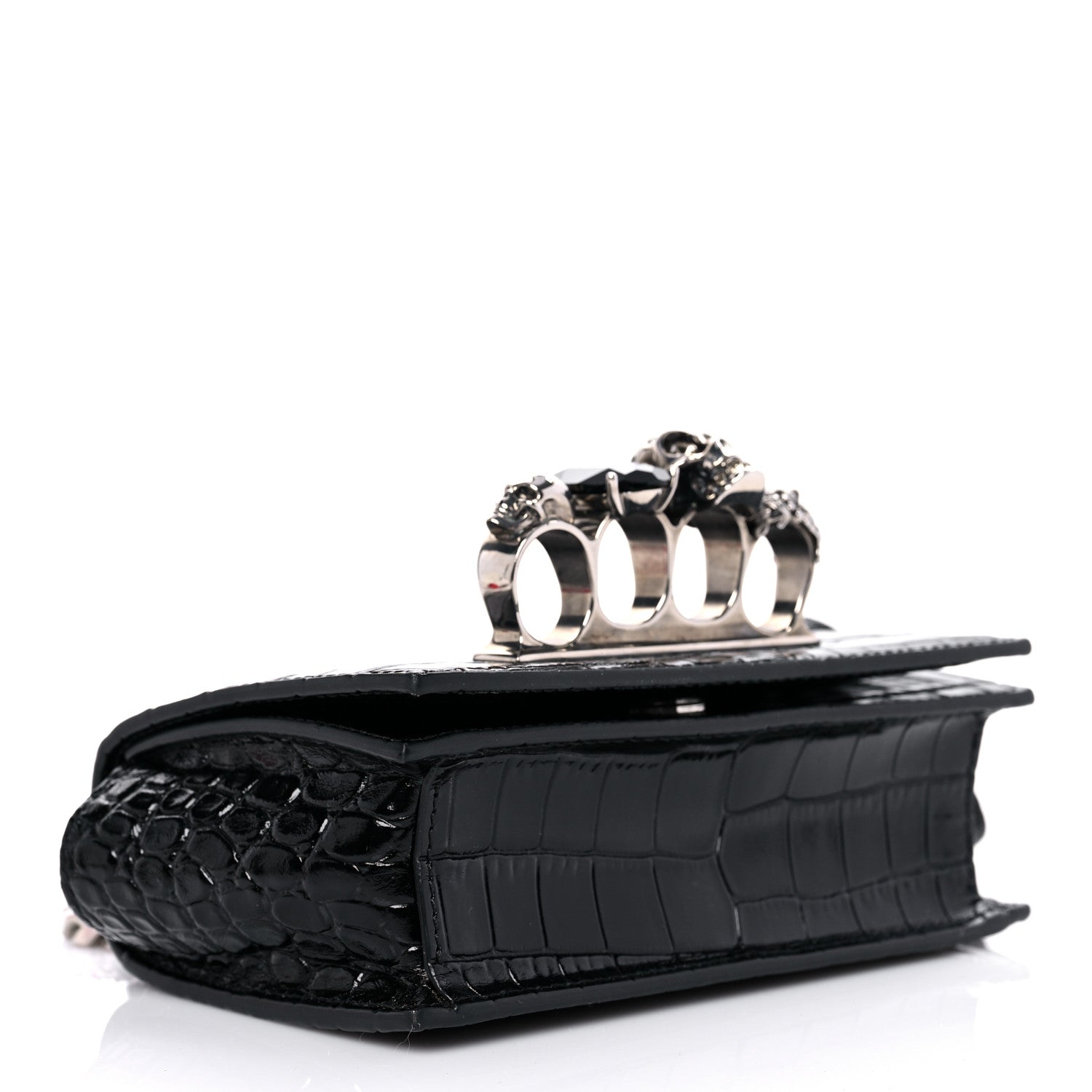 Alexander McQueen Shiny Crocodile Embossed Jeweled Satchel Black 4 of 11