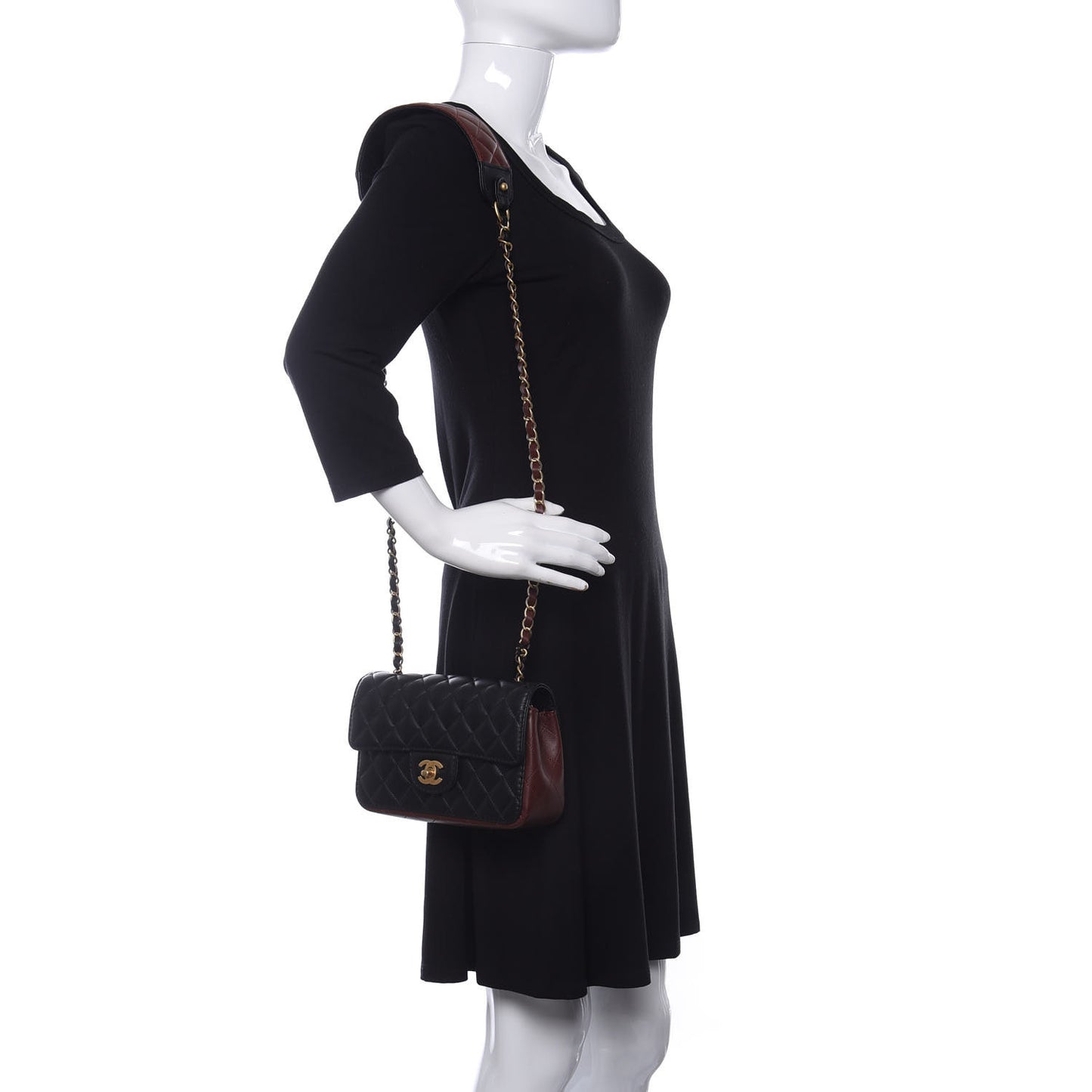 Calfskin Quilted Small Strap Into Flap Bag Black Brown