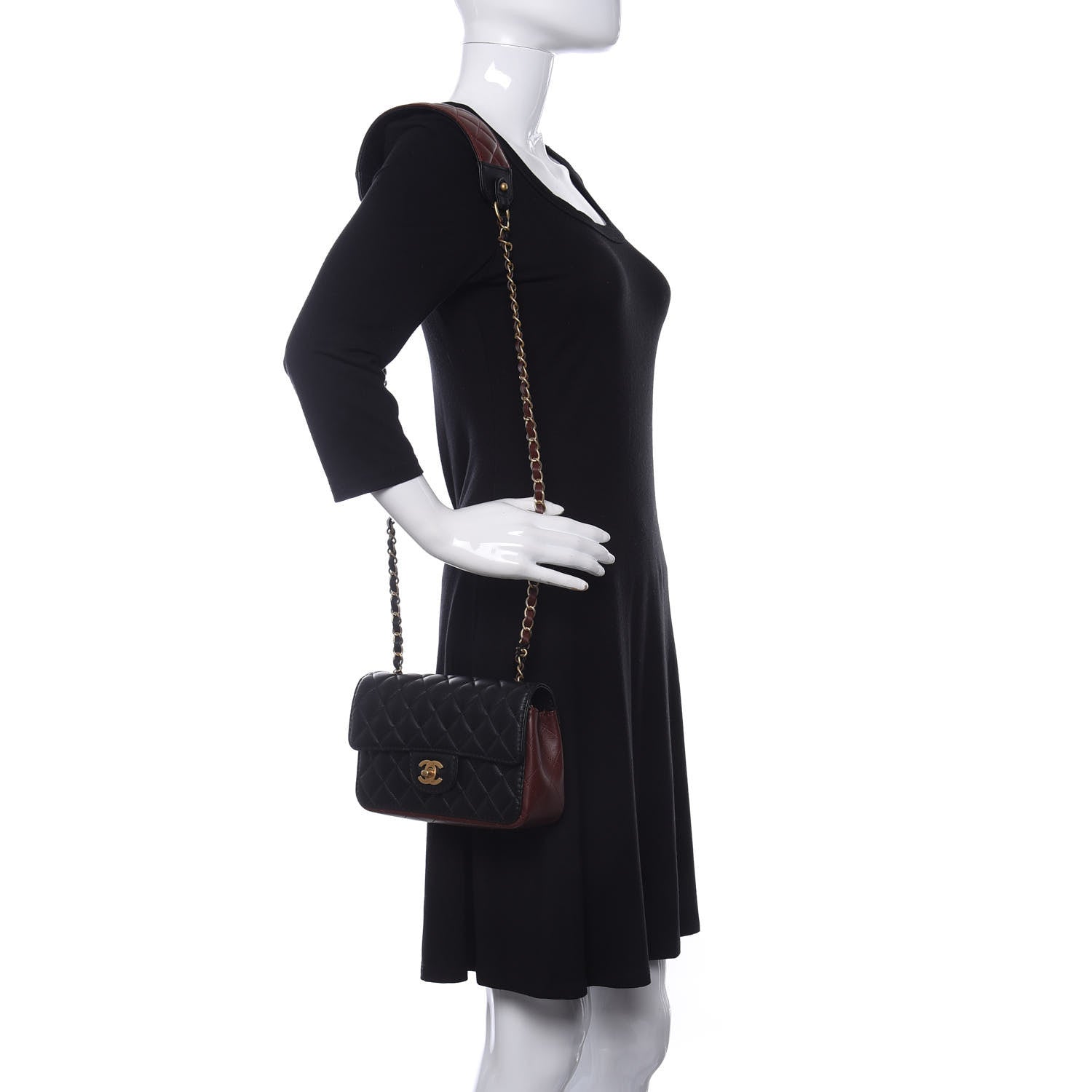 Chanel Calfskin Quilted Small Strap Into Flap Bag Black Brown 2 of 11