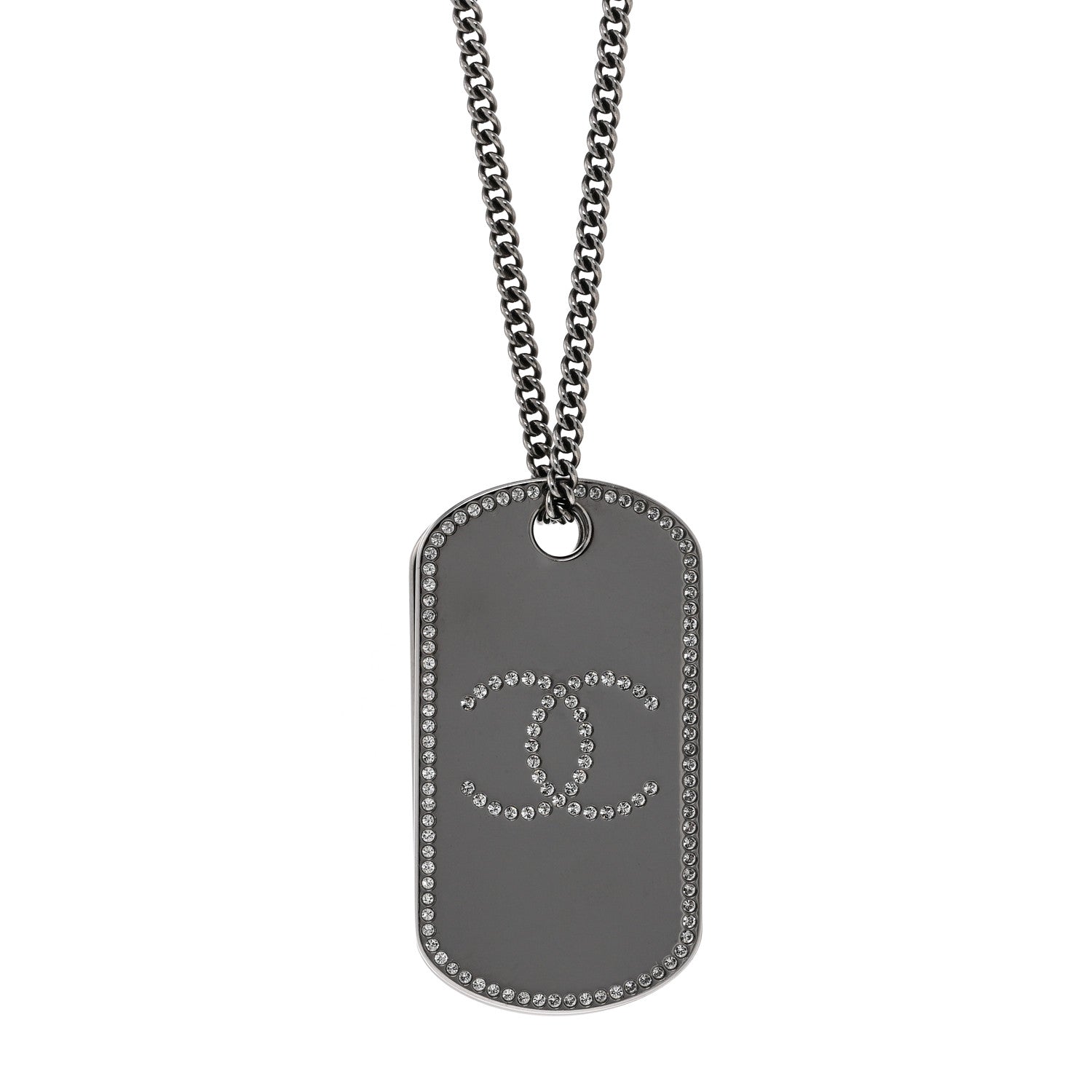 Chanel Metal Crystal Ruthenium Dog Tag Charm Necklace Black 4 of 5