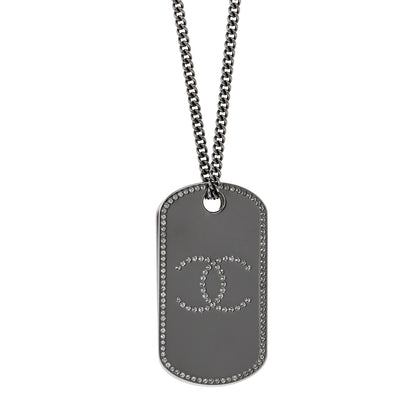 Chanel Metal Crystal Ruthenium Dog Tag Charm Necklace Black 4 of 5