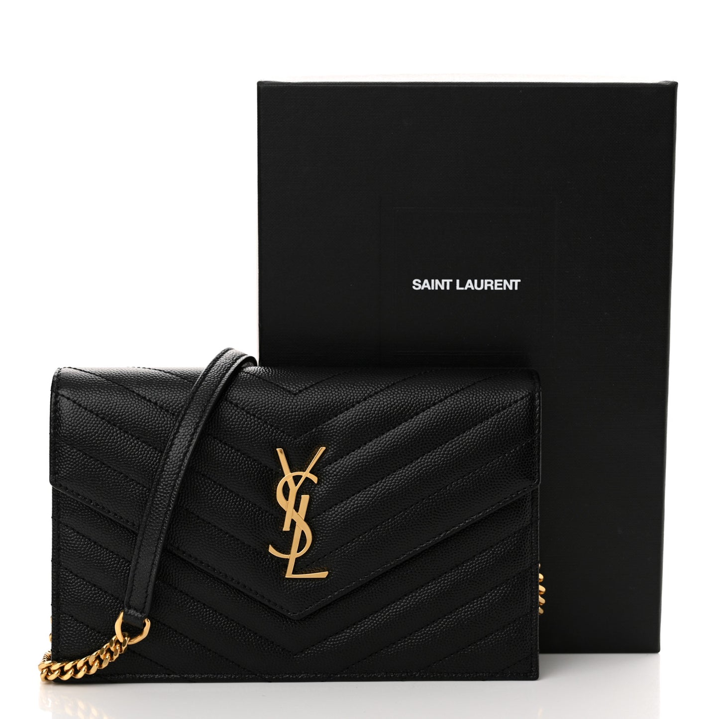 Grain De Poudre Matelasse Chevron Monogram Envelope Chain Wallet Black
