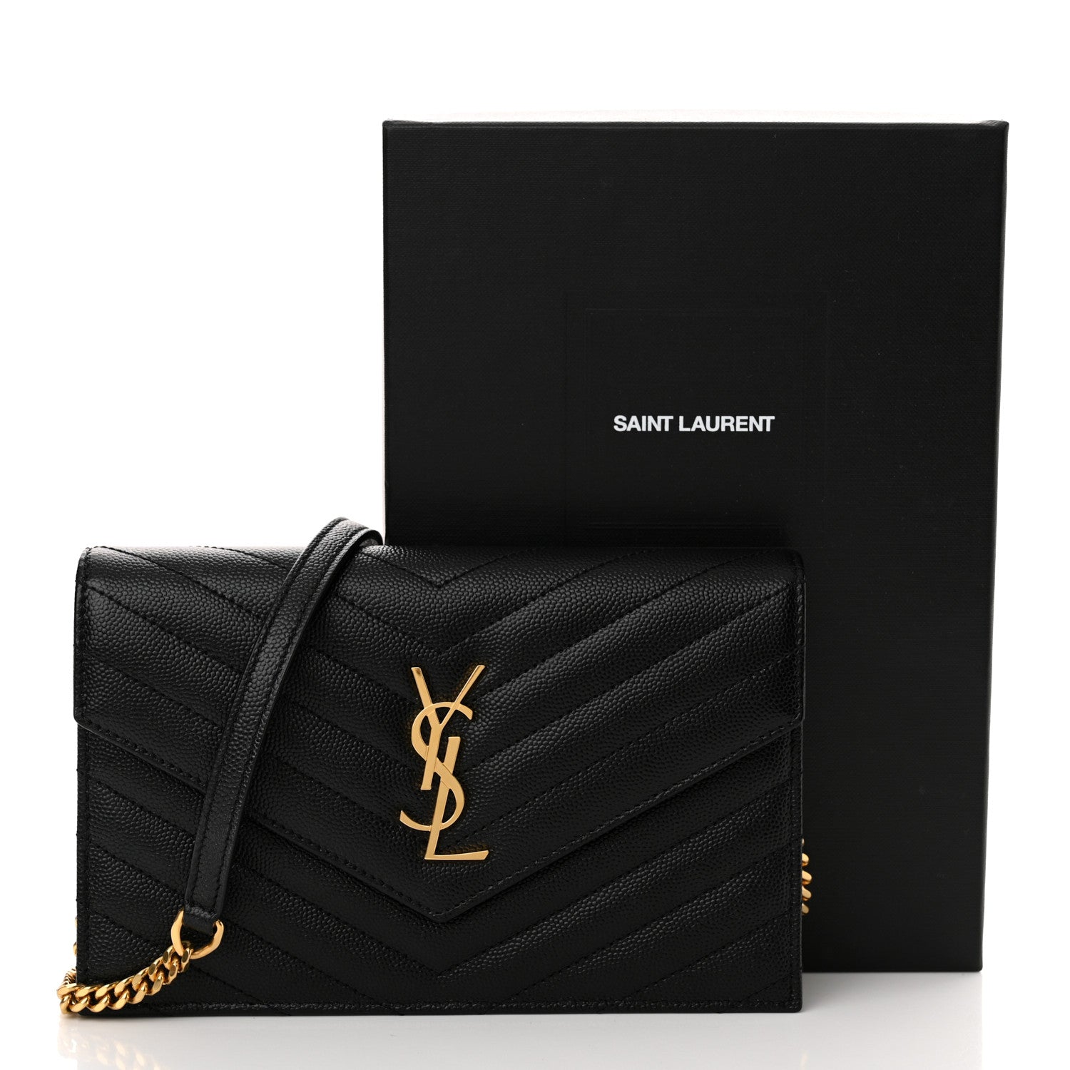 Saint Laurent Grain De Poudre Matelasse Chevron Monogram Envelope Chain Wallet Black 10 of 10