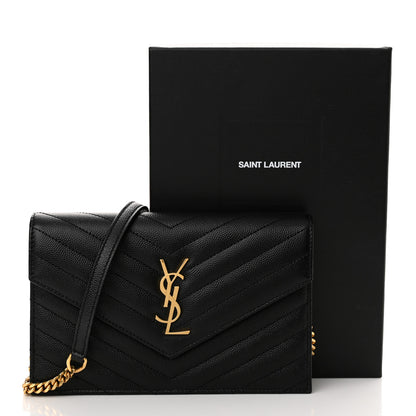 Saint Laurent Grain De Poudre Matelasse Chevron Monogram Envelope Chain Wallet Black 10 of 10