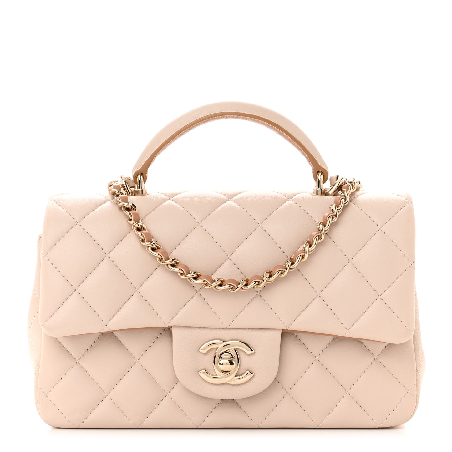 Lambskin Quilted Bi-Color Mini Top Handle Rectangular Flap Ecru Dark Beige