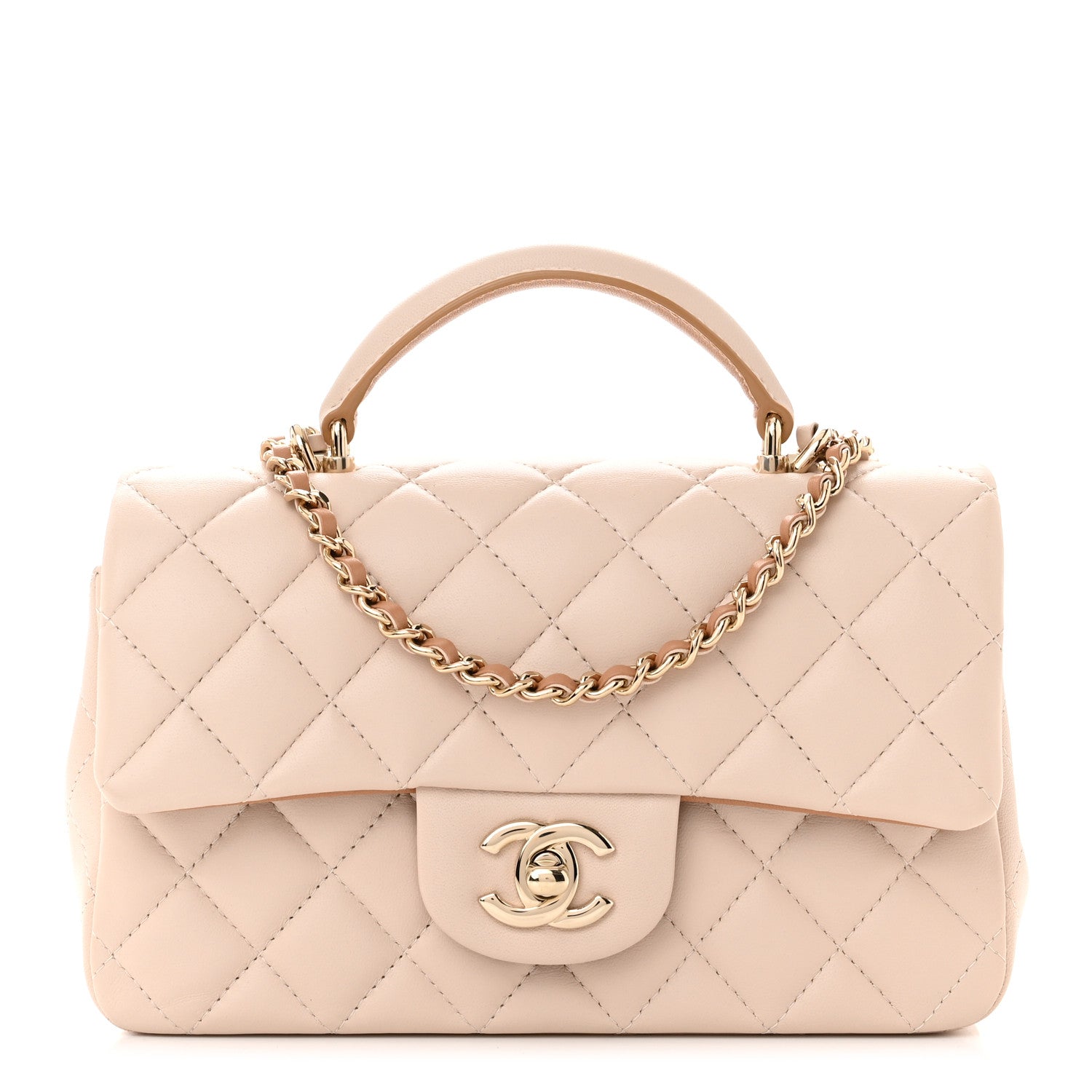 Chanel Lambskin Quilted Bi-Color Mini Top Handle Rectangular Flap Ecru Dark Beige 1 of 10