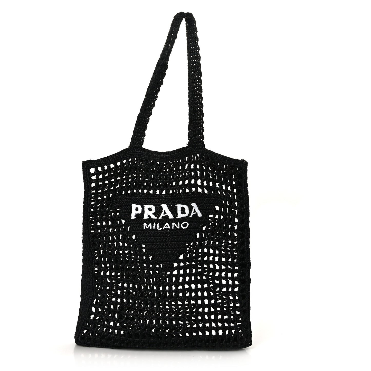 Yarn Raffia Effect Crochet Logo Embroidered Tote Bag Black
