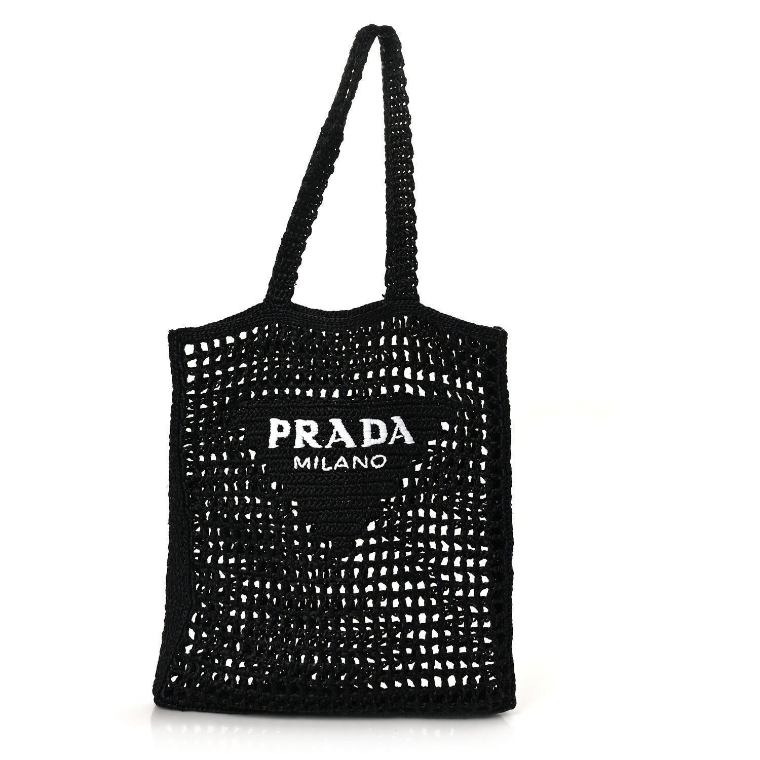 Prada Yarn Raffia Effect Crochet Logo Embroidered Tote Bag Black 1 of 8