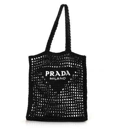 Prada Yarn Raffia Effect Crochet Logo Embroidered Tote Bag Black 1 of 8