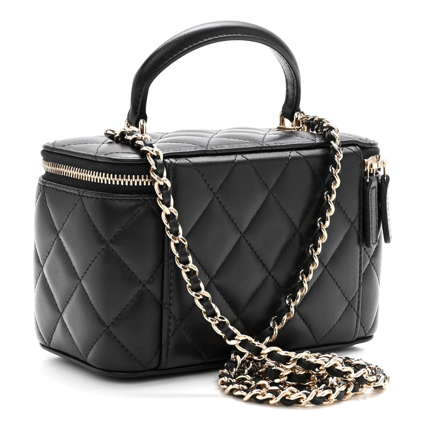 Lambskin Quilted Small Top Handle Vanity Case With Chain Black
