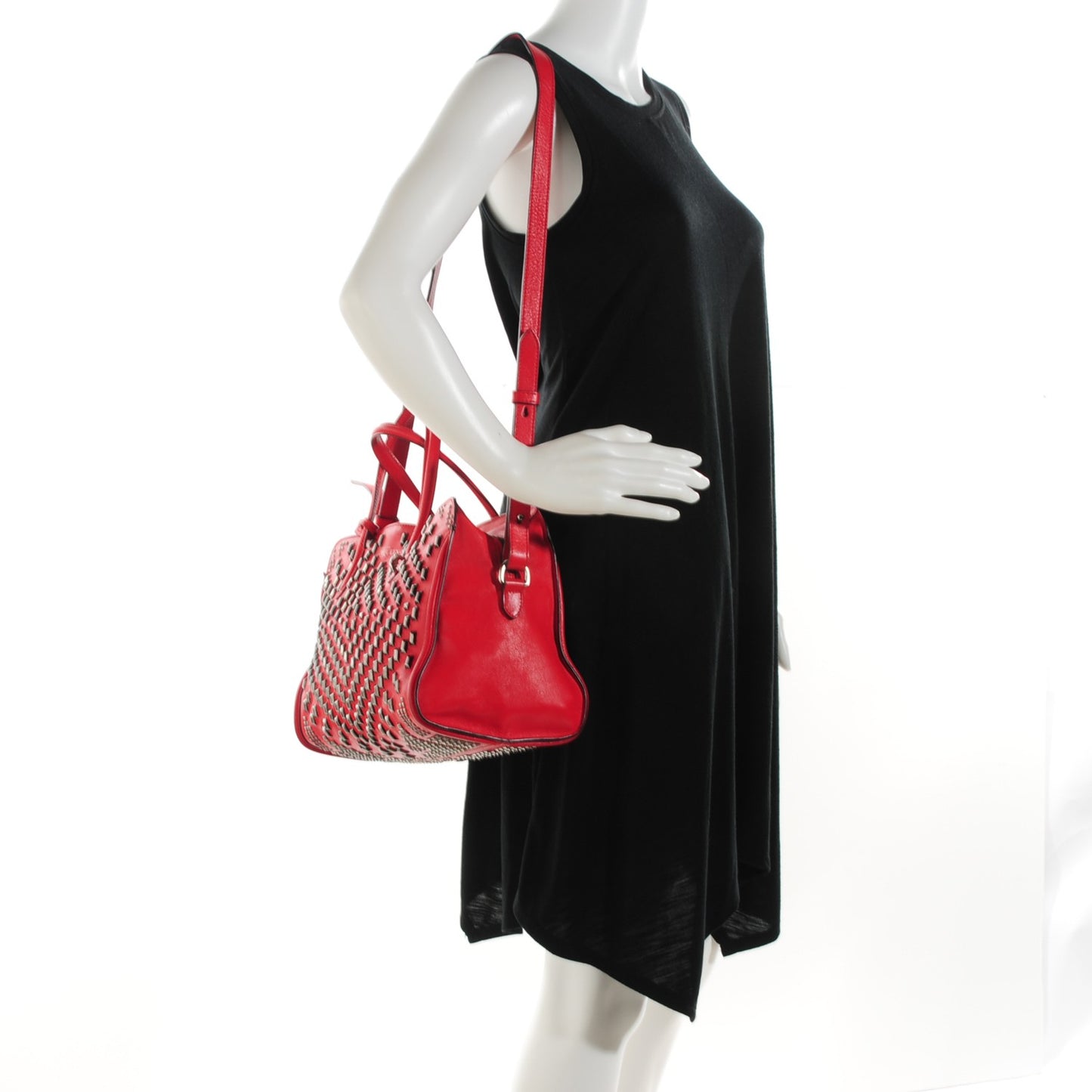 Calfskin Small Studded Padlock Zip Around Tote Red