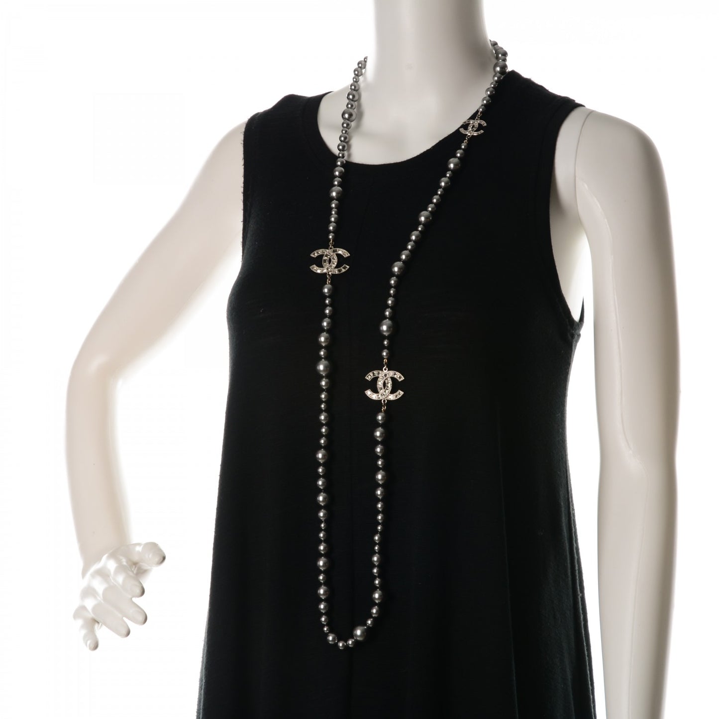 Graduated Pearl Crystal CC Long Necklace Ruthenium