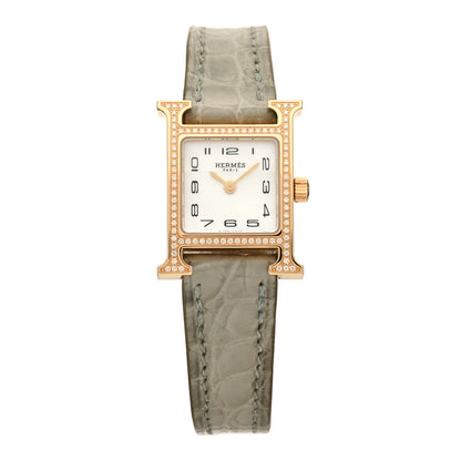 Hermes 18K Rose Gold Alligator Diamond Bezel Mother of Pearl 17.2mm Heure H Hour Quartz Watch Gris Perle 1 of 4