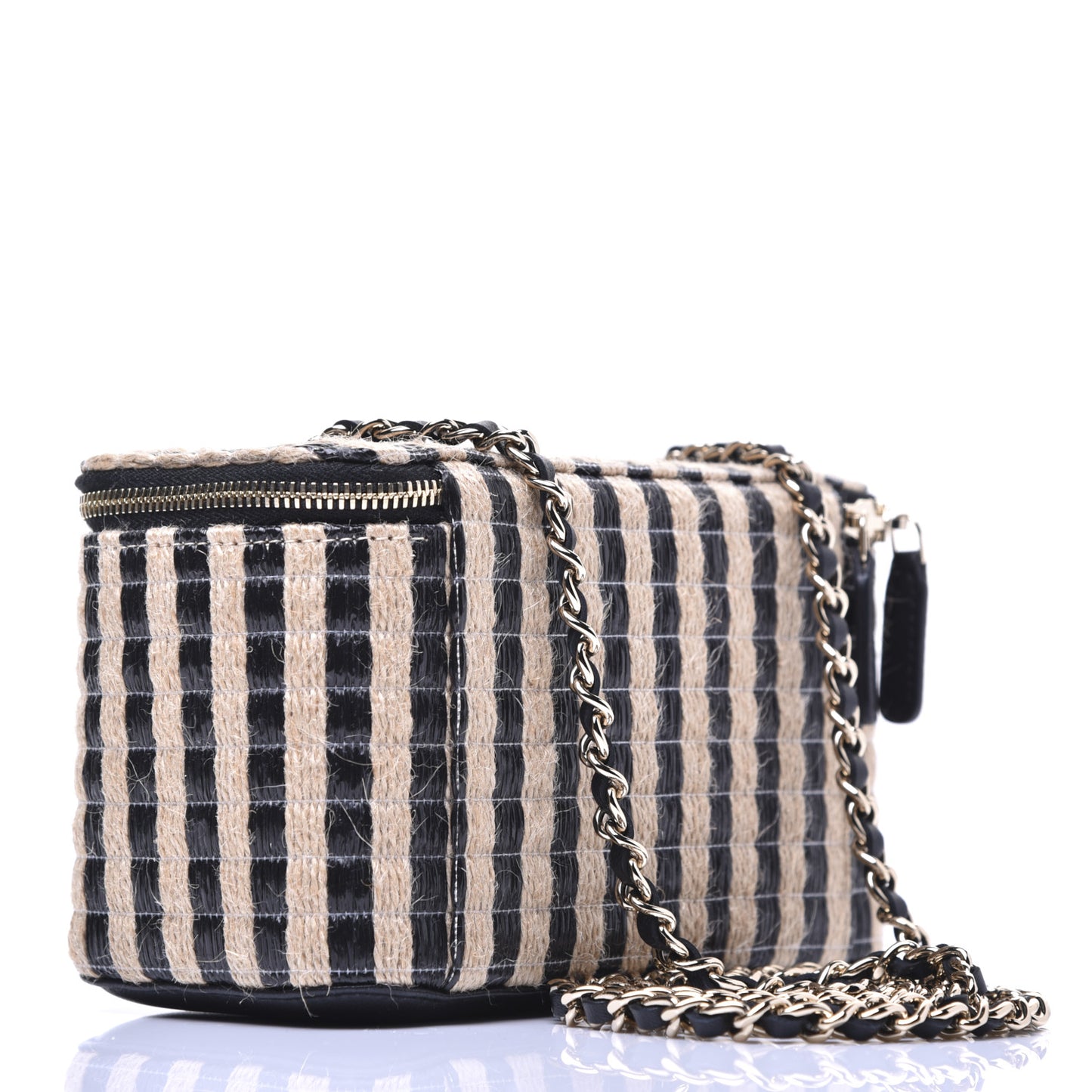 Raffia Jute Striped Small Vanity Case With Chain Black Beige