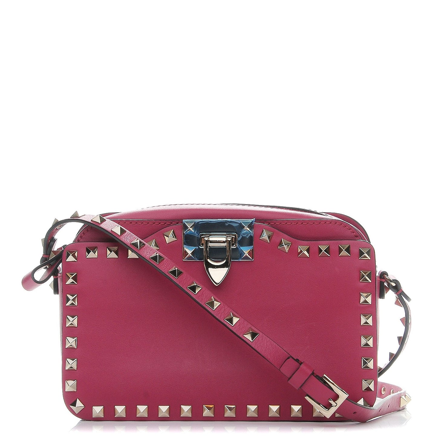 Calfskin Rockstud Flip Lock Camera Crossbody Bag Deep Cyclamin