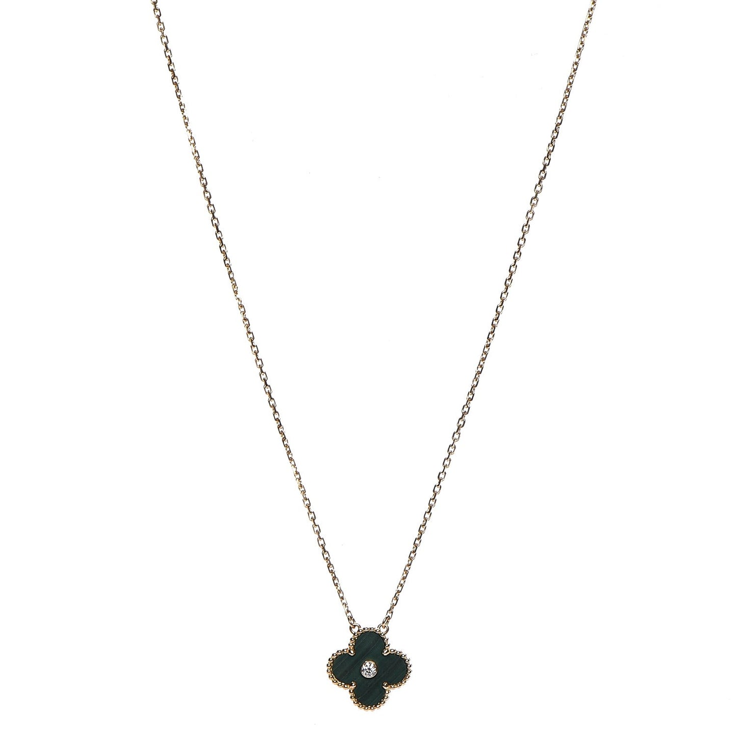 18K Yellow Gold Diamond Malachite Vintage Alhambra Pendant Necklace