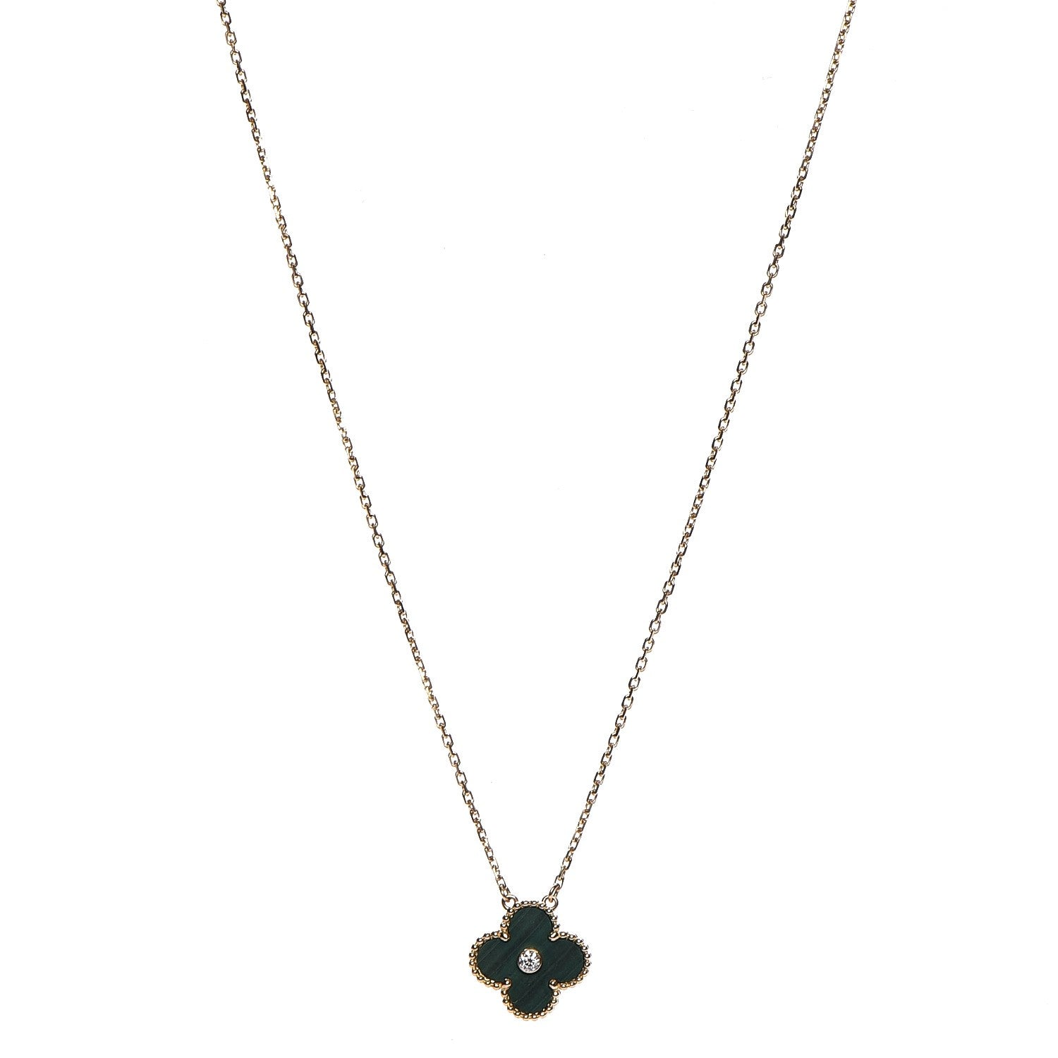 Van Cleef & Arpels 18K Yellow Gold Diamond Malachite Vintage Alhambra Pendant Necklace 1 of 7
