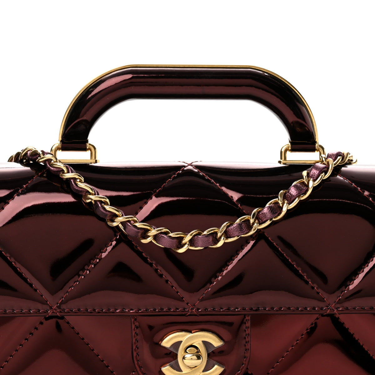 Metallic Mirror Calfskin Large Top Handle Clutch With Chain  Burgundy