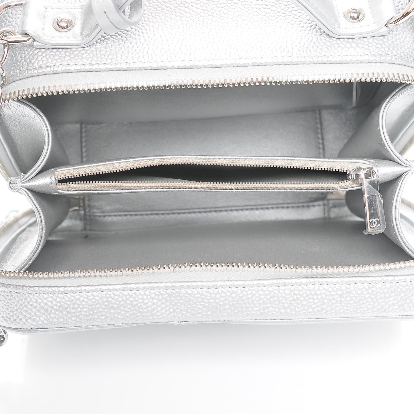 Metallic Caviar Quilted Medium CC Filigree Vanity Case Silver