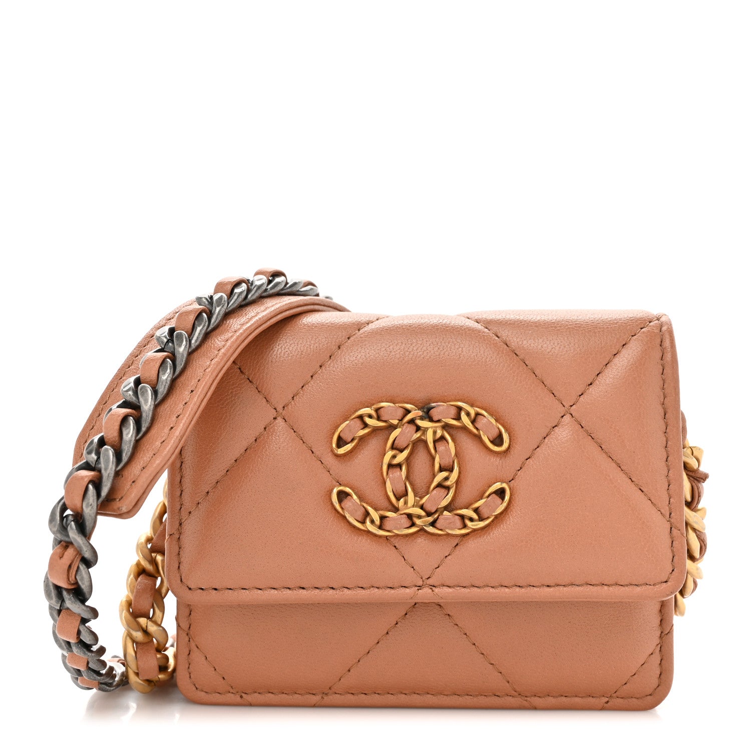 Chanel Lambskin Quilted Chanel 19 Flap Card Holder With Chain Brown 1 of 14