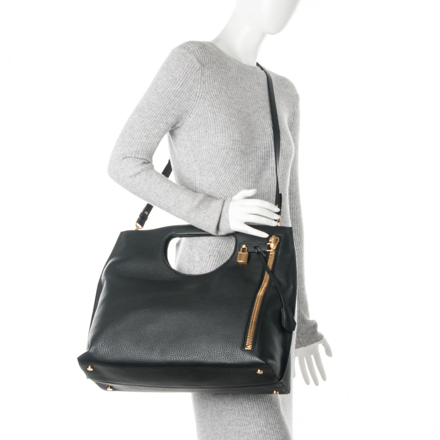 Grained Calfskin Alix Padlock Zip Tote Black