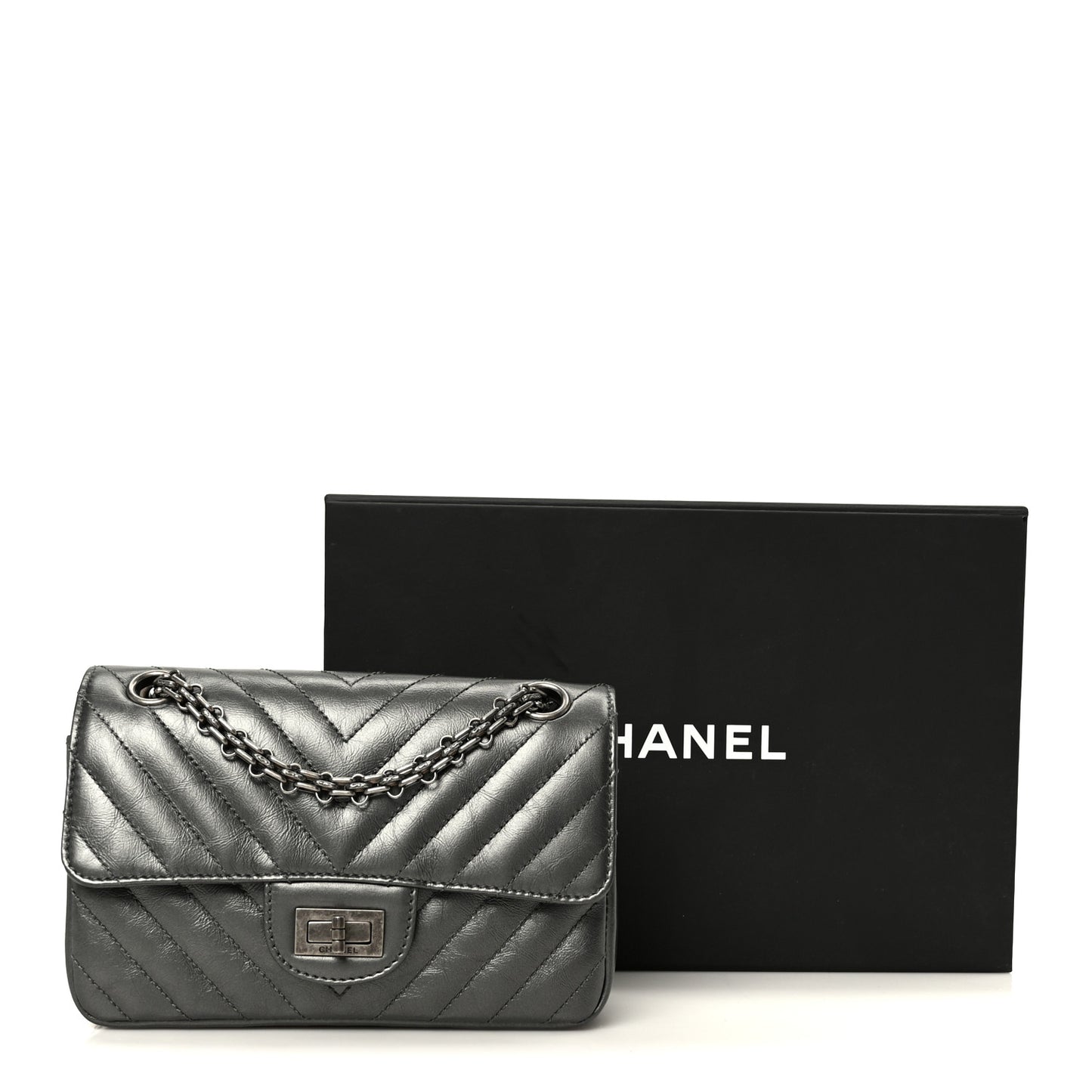 Metallic Aged Calfskin Chevron Quilted 2.55 Reissue Mini Flap Grey