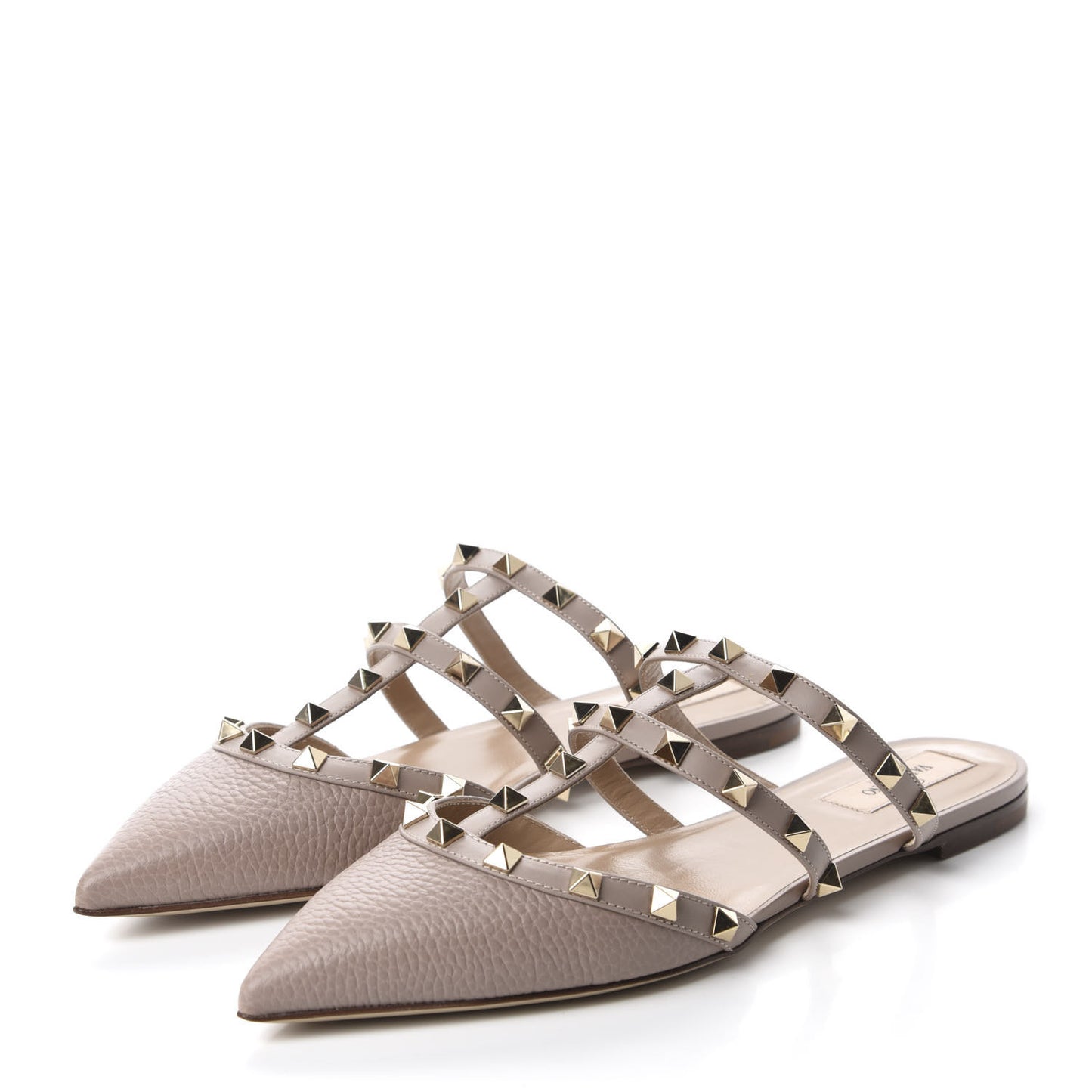 Pebbled Calfskin Rockstud Flat Cage Mules 38 Poudre