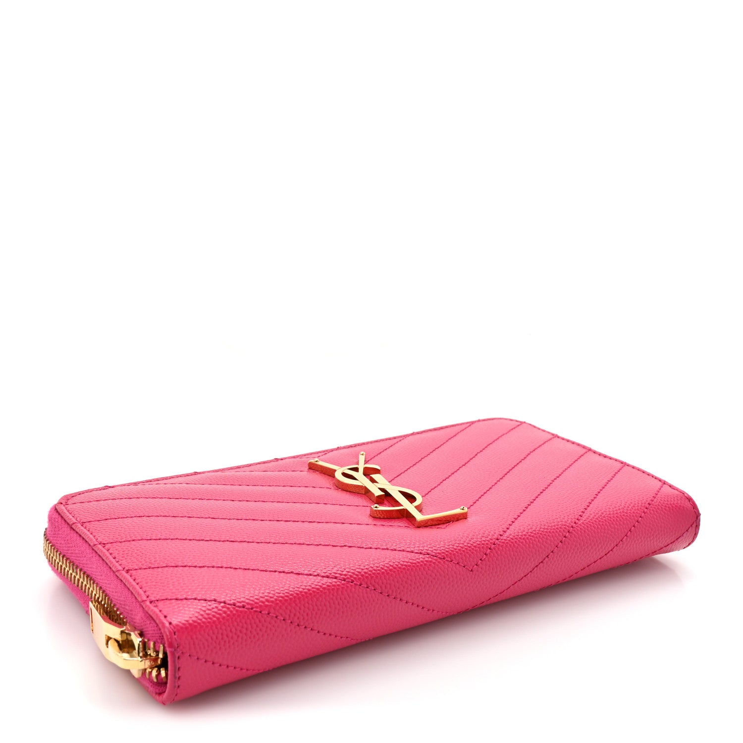 Saint Laurent Grain De Poudre Matelasse Chevron Monogram Zip Around Wallet Fuchsia 4 of 11