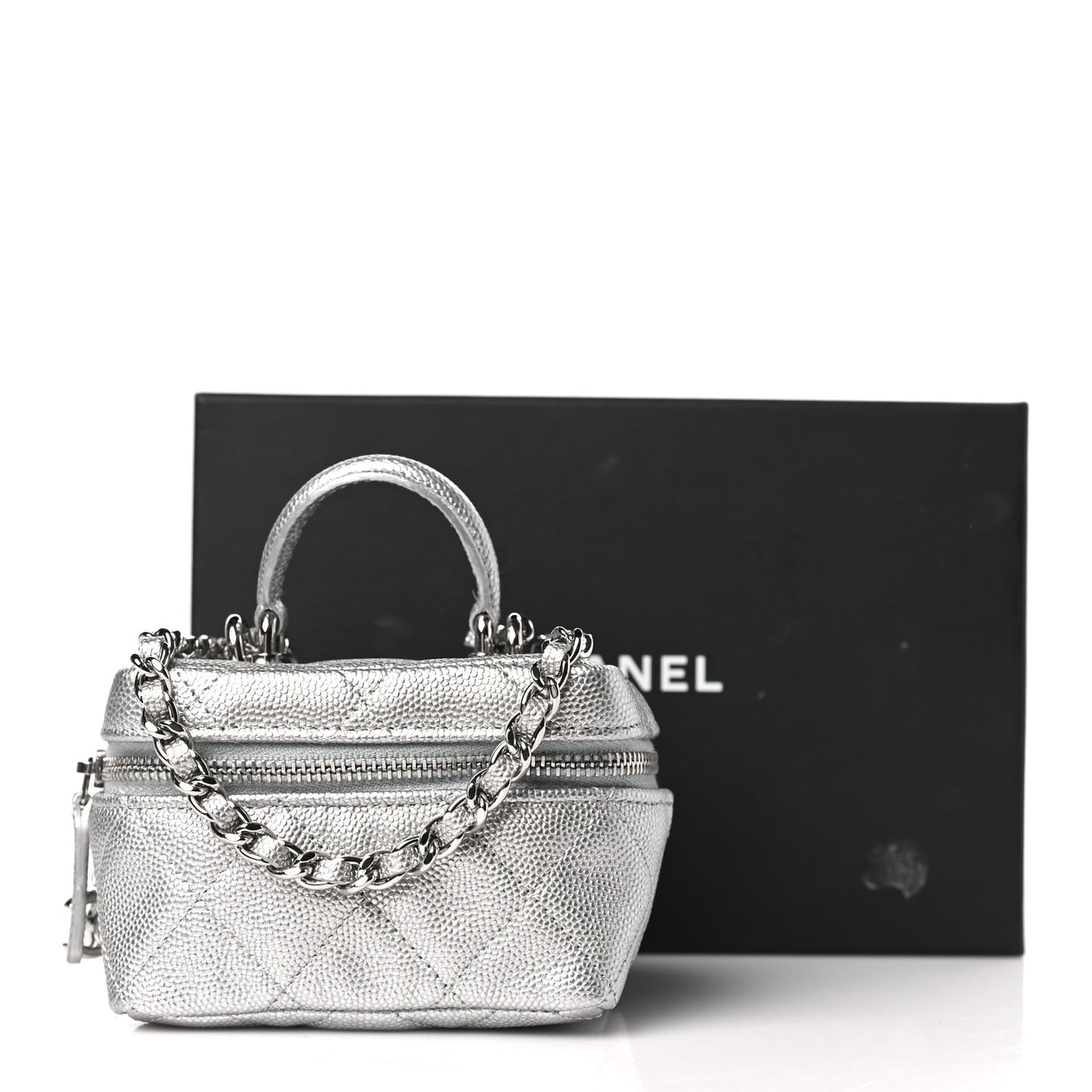 Metallic Caviar Quilted Mini Top Handle Vanity With Chain Silver