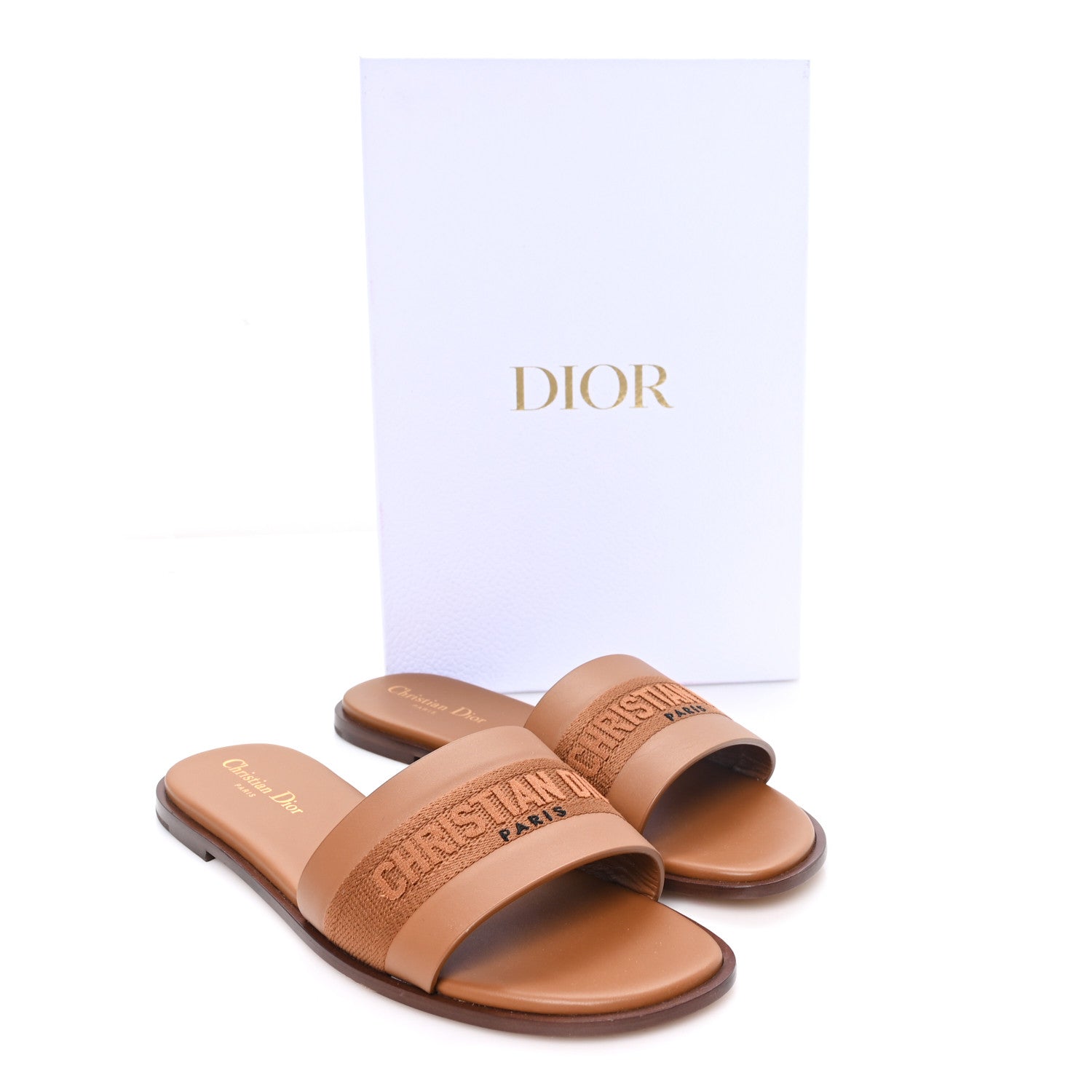 Christian Dior Calfskin Canvas Embroidered Dway Flat Slide Sandals 40 Camel 10 of 10