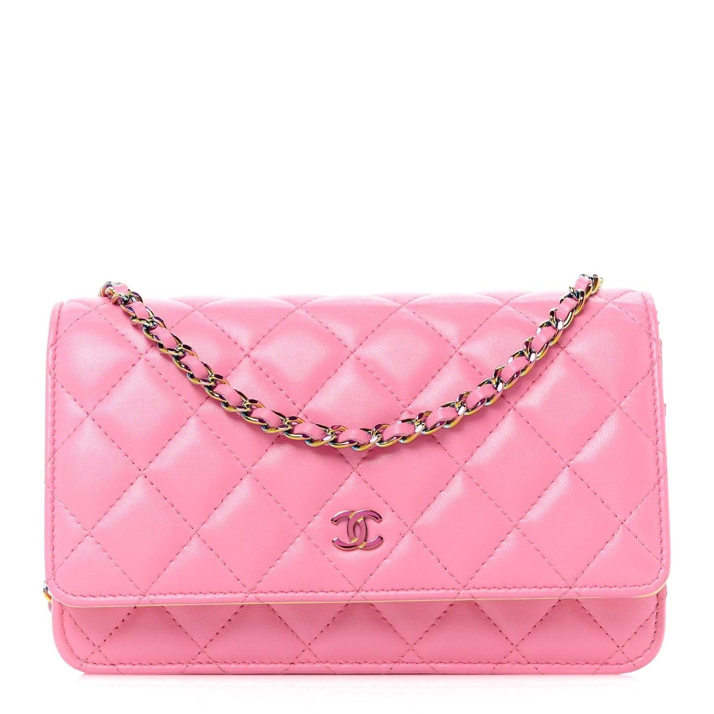 Lambskin Quilted Wallet On Chain WOC Pink Yellow