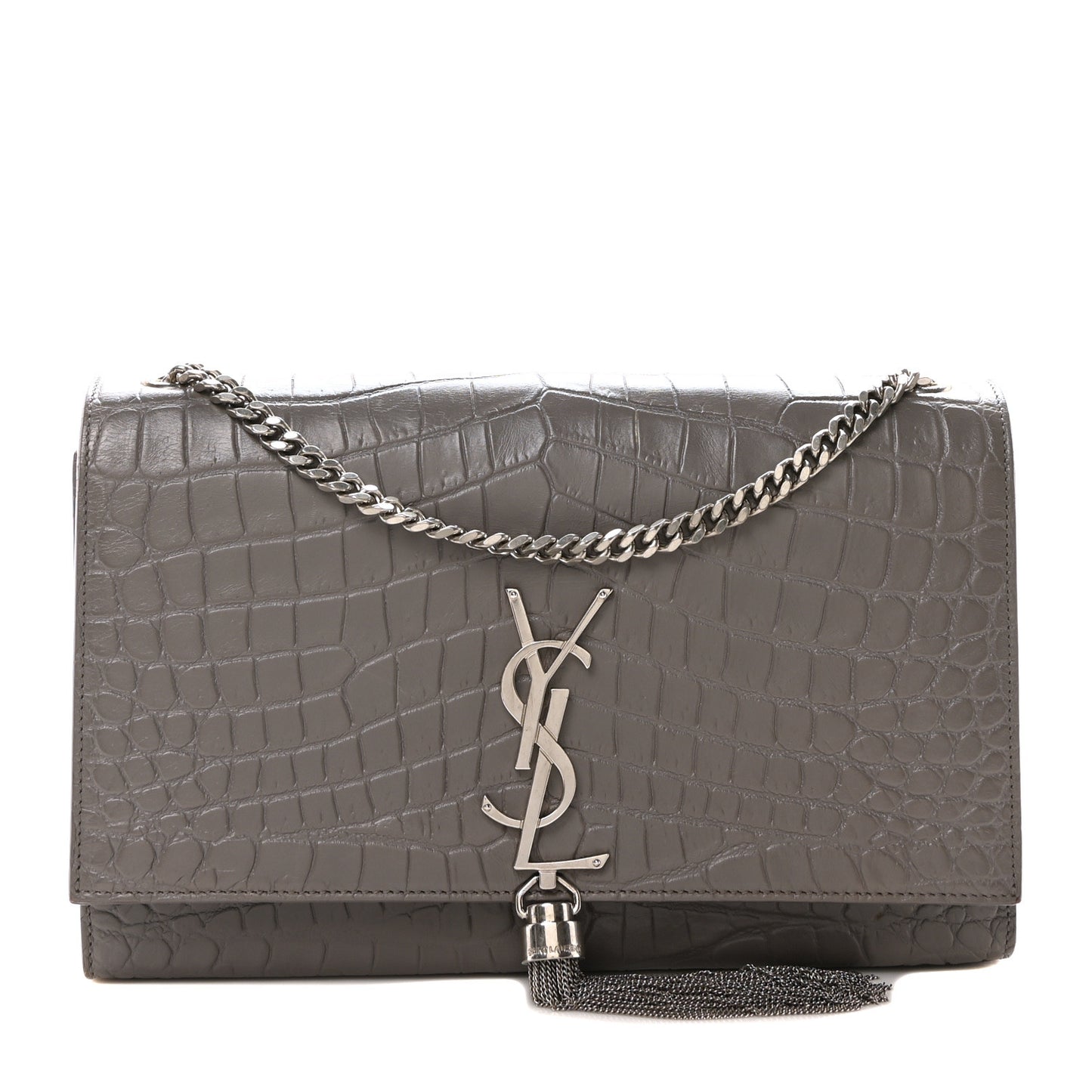 Calfskin Crocodile Embossed Medium Classic Monogram Kate Tassel Satchel Fog