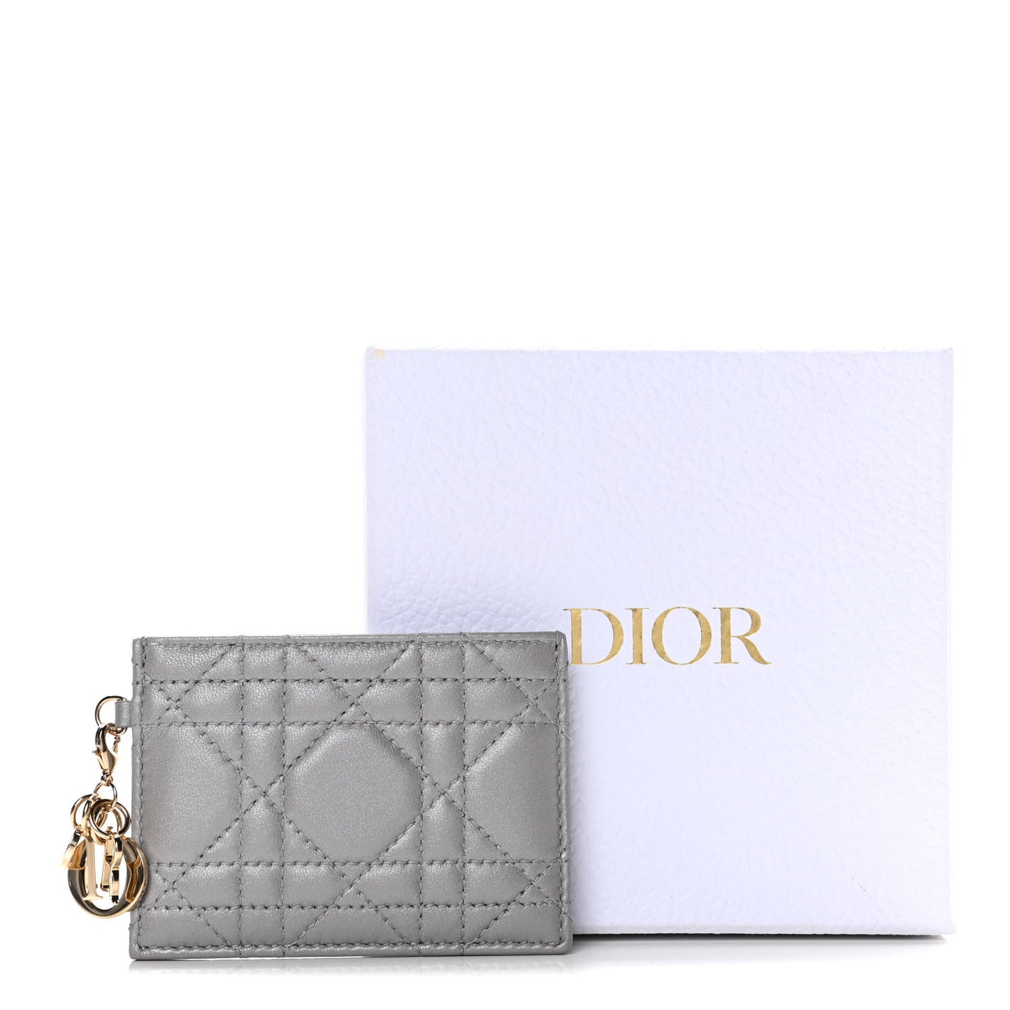 Metallic Lambskin Cannage Lady Dior Card Holder Silver