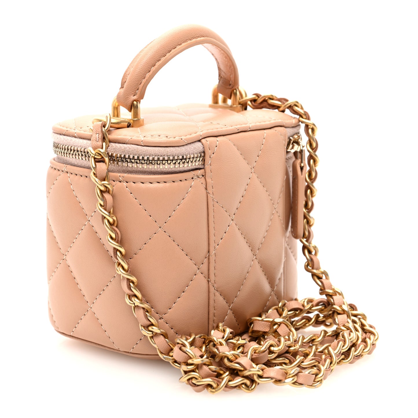 Lambskin Quilted Top Handle Mini Vanity Case With Chain Beige