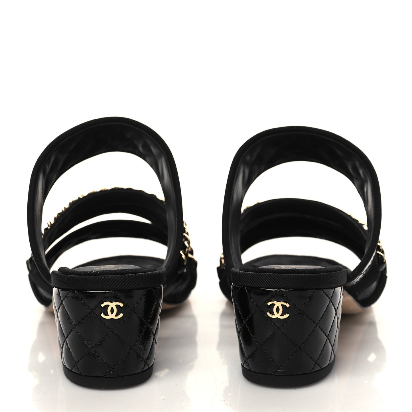 Distressed Patent Quilted Chain Mule Sandals 37.5 Black