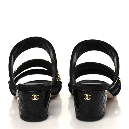 Chanel Distressed Patent Quilted Chain Mule Sandals 37.5 Black 5 of 9