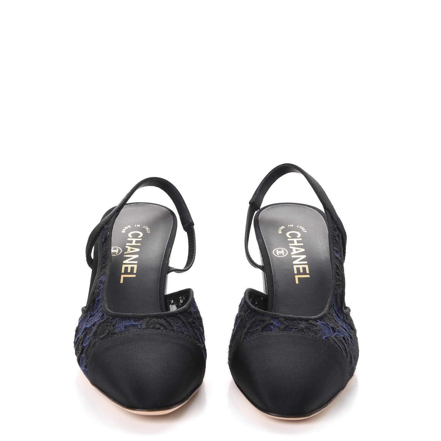 Chanel Lace Grosgrain Cap Toe CC Slingback Pumps 37.5 Navy Black 2 of 9