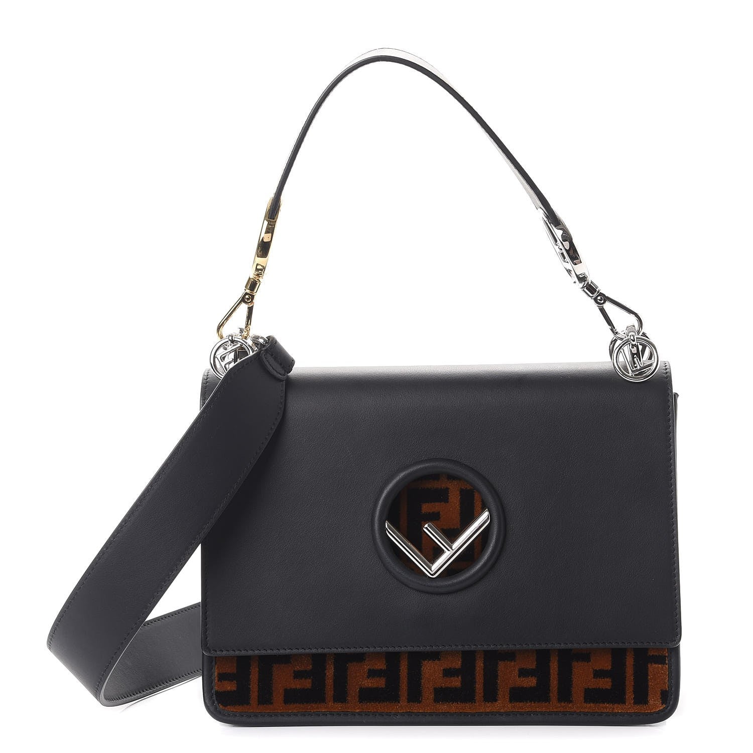 Fendi Vitello Century Velvet F is Fendi FF Kan I Shoulder Bag Black Tobacco 1 of 8