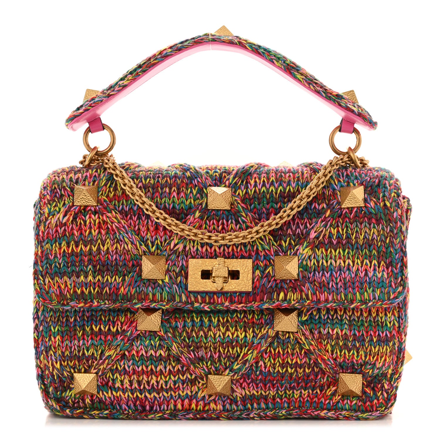 Valentino Garavani Wool Woven Large Roman Stud Shoulder Bag Multicolor Feminine Pink 1 of 11