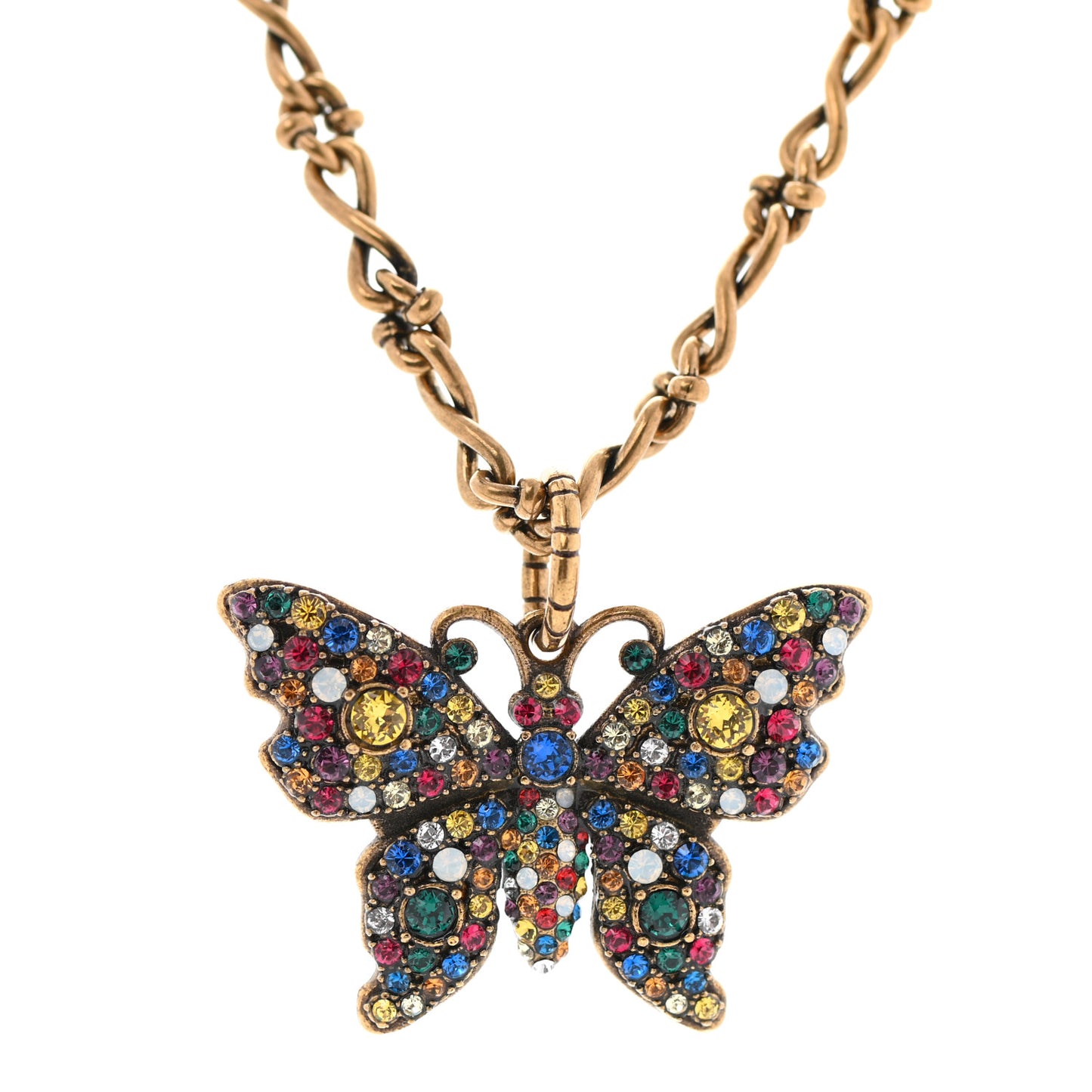 Metal Crystal Butterfly Necklace Aged Gold Multicolor